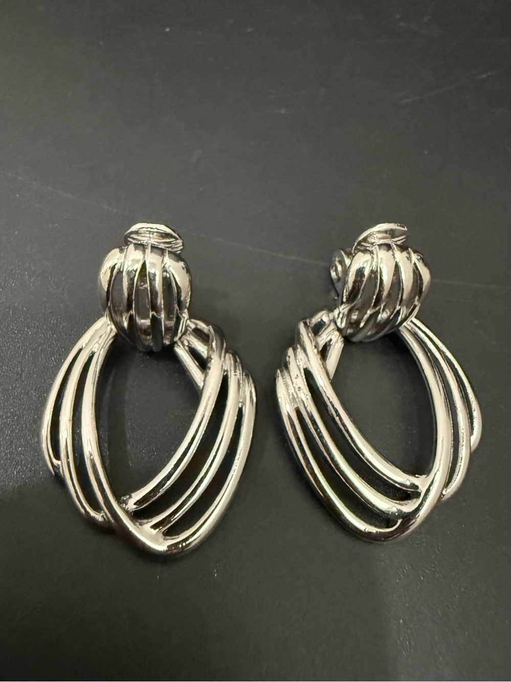 Vintage MONET Silver-tone Openwork Triple Hoop Loop Door Knocker Clip Earrings